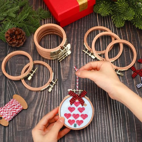 Beeveer 12 Sets 3 Inch Beech Wood Embroidery Hoops with Bows Rope Xmas