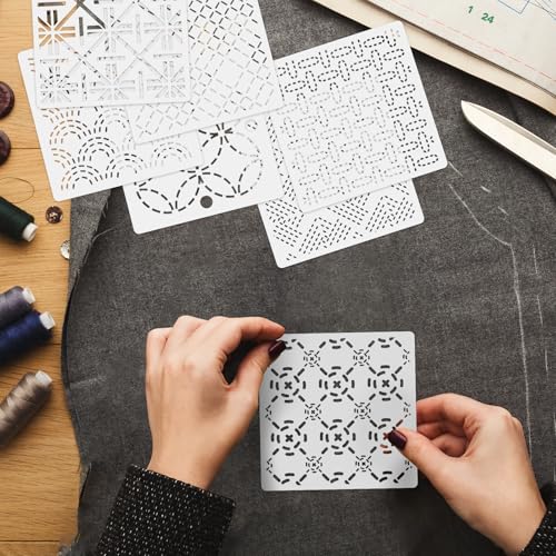 30 Pcs Reusable Plastic Sashiko Stencil, 4.7 x 4.7 Inch Geometric Sashiko Pattern Template for Drawing Line, Quilting, Embroidery, Sewing, Hand Quilting