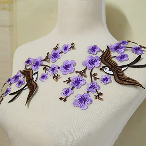 1pair Quince Sakura Flower Embroidery Iron On Applique Patches (Purple H) - color: Purple H