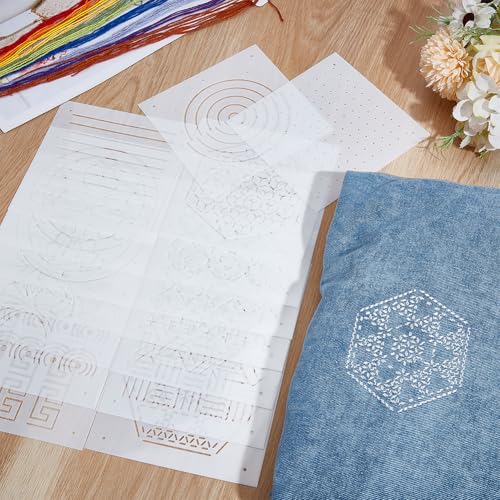 BENECREAT 16Pcs Mixed Styles Plastic Sashiko Stencil, 5x5inch Dots & Lines, Grid, Hexagons, Plants Embroidery Tool Drawing Line Template for Hand Quilting and Embroidery, 0.3mm Thick - style: Hexagons Patterns