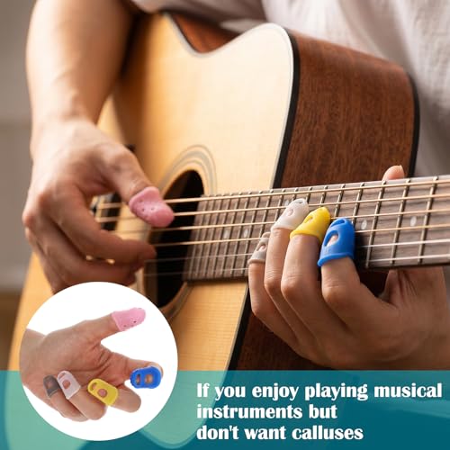 Guitar Fingertip Protectors, 30 Pcs 5 Sizes Soft Silicone Finger Tips Protectors with 10 Picks and Storage Box for Acoustic Electric Guitar Ukulele Banjo Mandolin