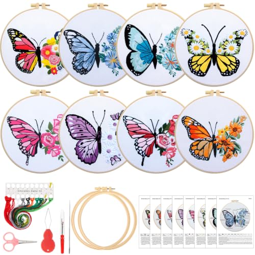 Riceshoot 8 Set Butterfly Floral Embroidery Kit for Beginner Adults Butterfly Embroidery Cross Stitch DIY Craft Needlepoint Pack Kits with Pattern Instruction Cloth Hoops Thread Needle Scissors - style: Butterfly Floral