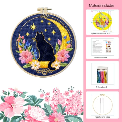 LSLFQYQSK Beginners Embroidery Kits - The Little Cat at Night DIY Cross Stitch Kits,Including,Stamped Flower Patterns,Hoop,Color Threads,Tools (Style B) - style: Style B