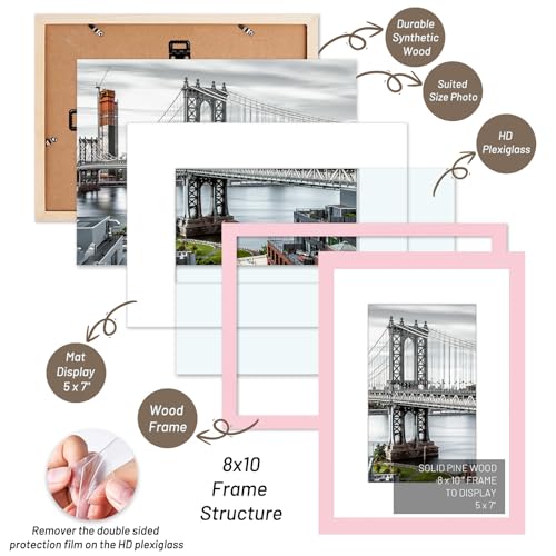 8x10 Solid Wood Picture Frames - 5x7 with Mat or 8x10 without Mat - Poster Photo Frame Art - Wall Mounting or Table Top (Pink) - color: Pink, size: 8x10 inch