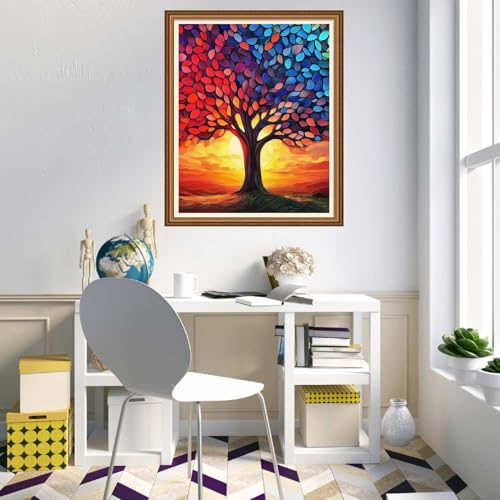 Disnesart Cross Stitch Stamped Full Embroidery Kits DIY 11CT Cotton Thread Printed DIY Needlepoint Kits Craft Needlework Set Cross-Stitch Stamped Sets-Moon Colored Tree of Life 16x20 inch - color: Stylepattern28