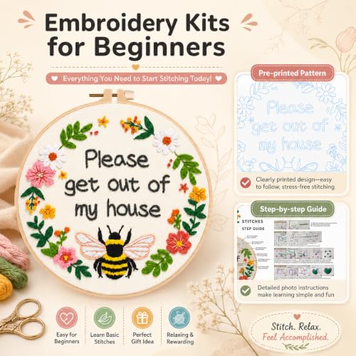 Nuberlic Please Get Out of My House Embroidery Kit, Stitch Craft Set - color: FUNNY BEE