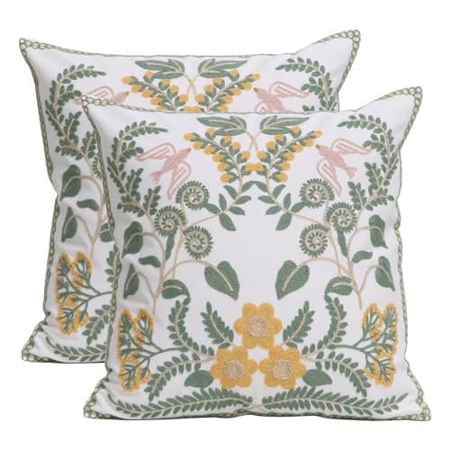 Set of 2 Embroidered Decorative Throw Pillow Covers Couch Square Pillowcases Cushion for Bedroom Sofa Farmhouse Decor 18x18 Inch (Flower-A) - color: Flower-a