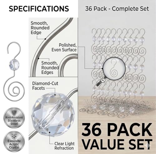HOHIYA 36 Pack Silver Ornament Hooks Crystal Accent Tree Hangers