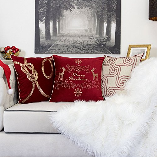 Embroidery Red Velvet Throw Pillow Cover, Merry Christmas Series Gift Knot Luxury Soft Fuzzy Cozy Warm Slik Gift Square Couch Cushion Pillow Case 20 x 20 Inch, Cover Only - color: U4-gift Knot Red