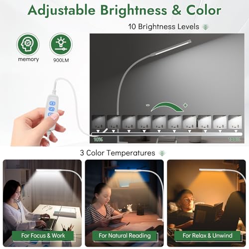 Clamp Lamp for Desk, Eye-Caring LED Clip Light for Home Office - color: White
