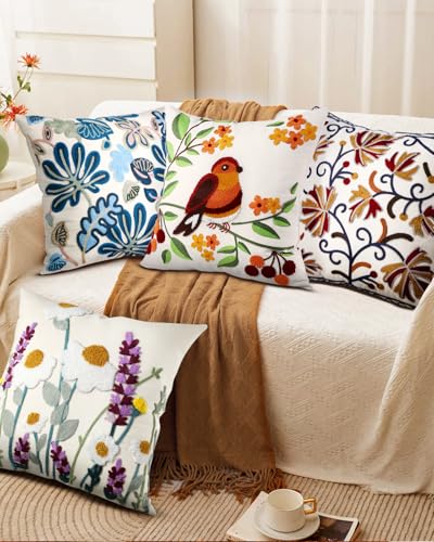 Embroidered Throw Pillow Cover, 18x18 Inch, Bird Branch - color: Tree Bird, size: 18" x 18" (Pack of 1)