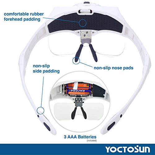 YOCTOSUN Head Mount Magnifier with 2 Led Professional Jeweler's Loupe Light Bracket and Headband are Interchangeable - style: Head Magnifier with 2 LED Lights