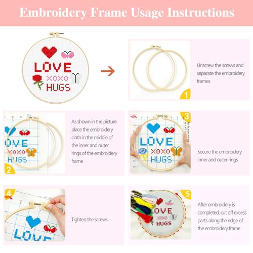 Zhenqing Love & Hugs Cross Stitch Kit for Beginners, 11CT Printed 20x20cm with 16cm Hoop, Heart Rose & Butterfly Embroidery Set(70839) - color: Love & Hugs