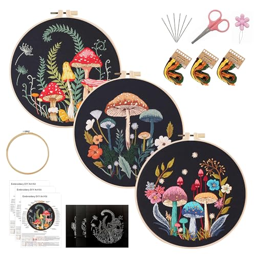 KEKEMEOW 3 Sets Embroidery Kit for Beginners, Stitches with Colorful Mushrooms Embroidery Stitch Practice kit for Adults Craft Lover, Cross Stitch Kit with Pattern、Instruction、Hoop - color: mushroom