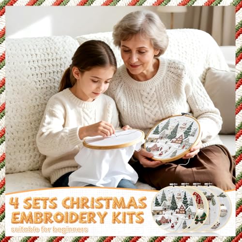 Christmas Embroidery Kit for Adults and Beginners, Christmas Gnomes Embroidery Kits Cross Stitch Kits with Pattern, Cotton, Threads, Needles & Instruction (4Pcs B) - color: 4 Pcs, Stocking+Fireplace+Truck+Candy Cane