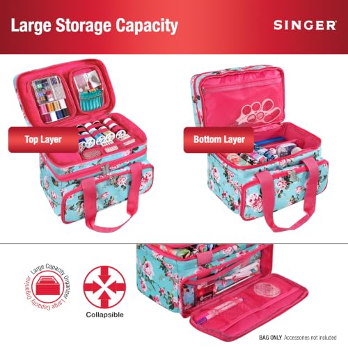 SINGER Sewing Accessories Organizer (Bag Only) – Double Layer Portable Sewing Storage Bag | 2 Detachable Pouches and 18 Compartments, Large Sewing Supplies & Crafting Carry-All (Turquoise Floral) - color: Turquoise Floral