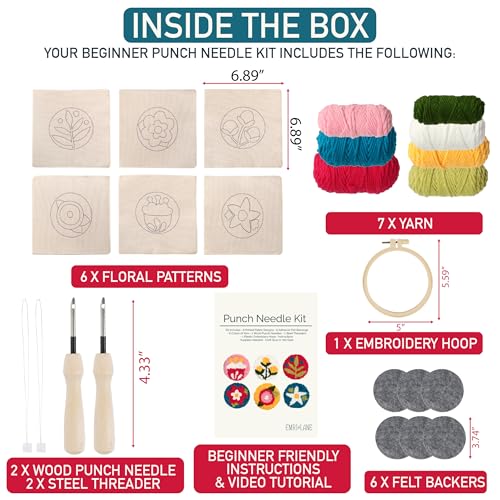 Emri Lane Punch Needle Kit – 6 Floral Design Punch Needle Embroidery Kit - color: Bright Craft