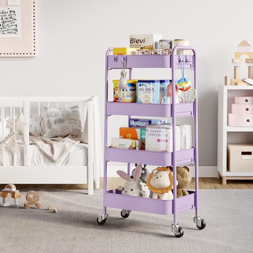 TOOLF 4 Tier Metal Rolling Cart, Utility Storage Cart with Wheels, Purple - color: Purple, size: 4-Tier