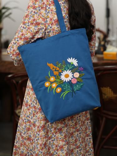 Canvas Tote Bag Embroidery Kit with Pattern for Beginners, Arts and DIY Embroidery Crafts Kits for Adults, Instructions, thimble, Embroidery Hoops, Color Threads (darkblue, CR002 chenhuicaoxin) - color: CR002 chenhuicaoxin darkblue