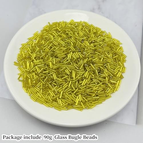 HYPOCI 90g Glass Bugle Beads 7x2mm Embroidery Tube Glass Spacer Bulk Small Craft Long Beads for Necklaces Bracelets Earrings DIY Jewelry Making(Yellow) - color: Yellow