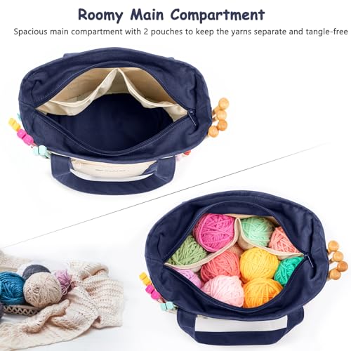 MYBAGZING Canvas Yarn Storage Organizer Bag Washable Crochet Bag with Pockets for Yarn, Hooks, Needles – Travel Knitting Tote for Crafters – Gift for Crocheters & Knitters (Medium/Large) - color: Nature-Navy, size: Medium-12.5“