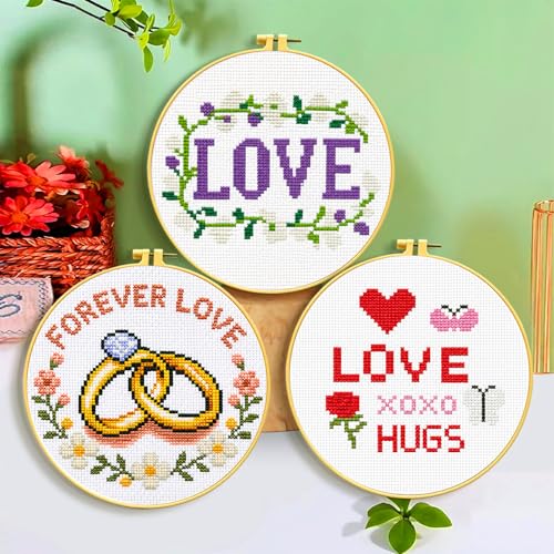 Zhenqing 3 Valentine's Day Cross Stitch Kit Set for Beginners, 11CT Printed 20x20cm with 16cm Hoop, Love Word & Ring & Rose Romantic Embroidery(70858) - color: Romance Theme Cross-Stitch 3-Piece Set