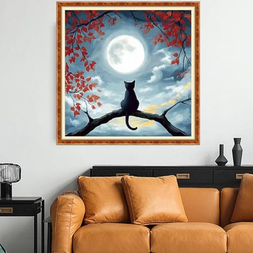 Funchey Counted Cross Stitch Kits for Adults Needlepoint Kits Unprinted Cross Stitching Embroidery Kit 11CT Cross Stitch Supplies-Cat Admiring the Moon 18x18 inch - color: Artcolor19