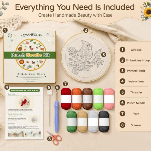 CYANFOUR Punch Needle Kit for Beginners, Red Bird Punch Needle Kits Adults, Craft Kits for Adults with 2 Pre-Printed Fabrics, Embroidery Hoop, Threads, DIY Gift and Home Decor 20 * 20cm - color: Red Bird