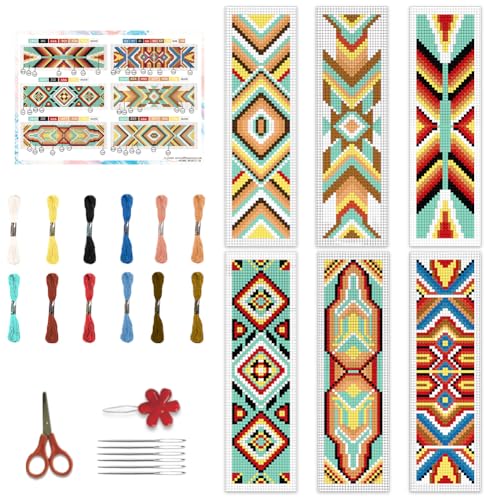 BEUNITONE Cross Stitch Bookmarks Kit 6 Pcs Geometric Pattern DIY Bookmarks Cross Stitch Kits for Beginners Boho Floral Fabric Bookmark Kit Traditional Decorative Counted Knitting Kit 8''x2.4'' - style: Indian Floral Pattern