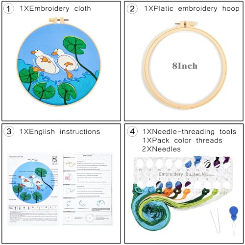 Duck Hand Embroidery Kits for Beginners Adults, Animal DIY Embroidery Starter Kit, Stamped Cross Stitch Kits for Beginner Craft Kits for Adult Women, Entire Set of Embroidery Supplies & Video Tutorial - color: H2070