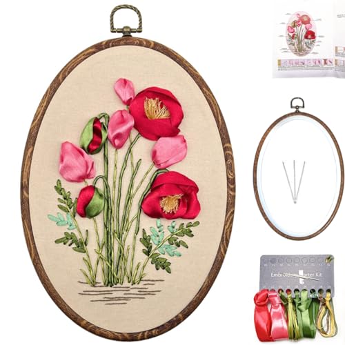 FONNUY Ribbon Embroidery 3D Flowers Pattern Design Kit Embroidery DIY Handwork Set Oval Home Decoration (Red Rose) - style: Red Rose