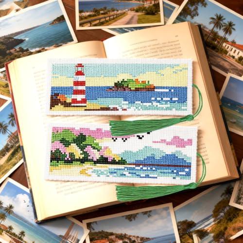 ACRNIGHEET 6PCS Cross Stitch Bookmark Kit for Beginner Stamped Cross Stitch Kits for Adults Horizontal DIY Tassel Embroidery Bookmark Kits Needlepoint Kit with Instructions Craft Gift 8.5''x3'' 11CT - style: Horizontal Scenery with Tassel