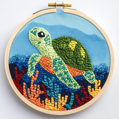 DIY Punch Needle Kits Green Sea Turtle with Hoop 20x20cm-1 - color: 03-Sea Turtle