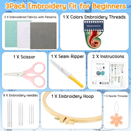 Ponpon 3 Sets Embroidery Kit for Beginners, Embroidery Kit for Adults with Follow Instruction, Cross Stitch Kits with Wooden Embroidery Hoops (Stlye C) - style: Stlye C
