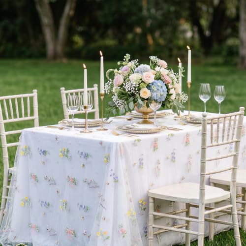 White Gauze Tablecloth 60"x120" Rectangular Wildflower Floral Tulle Overlay - color: White, size: 60"x120", 1 Pc