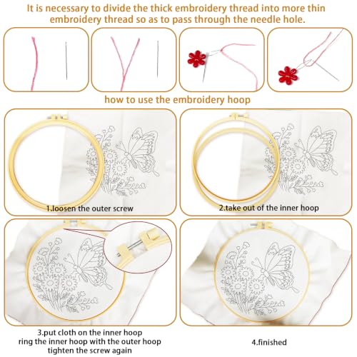 BEUNITONE 6 Set Embroidery Kit for Beginner Adults, Colorful Butterfly Floral DIY Cross Stitch Set with Stamped Pattern Hoops Threads Cloth Needles, Embroidery Starter Kit for Home Decor and Gifting - style: Butterfly