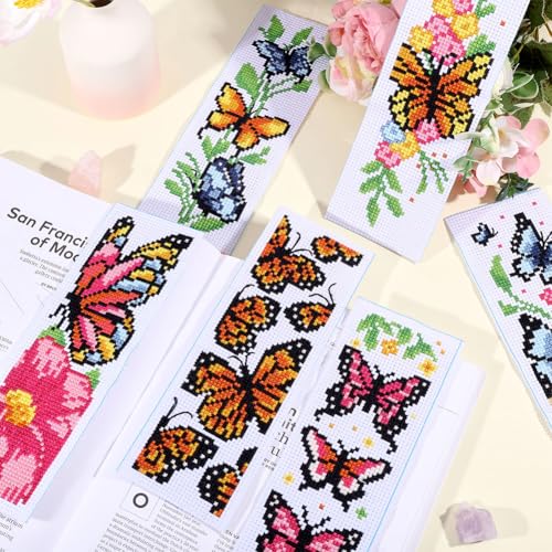 ORIGACH 6 Set Butterfly & Flower Cross Stitch Bookmark Kit for Beginner - style: Butterflies