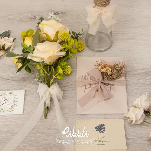 Ribbli Nude Ribbon 1 Inch x 3 Rolls Total 24 Yards Cream/Nude/Beige Handmade Fringe Chiffon Silk Ribbon for Wrapping Wedding Invitations Bridal Bouquets DIY Crafts Home Decor - color: Cream/Nude/Beige