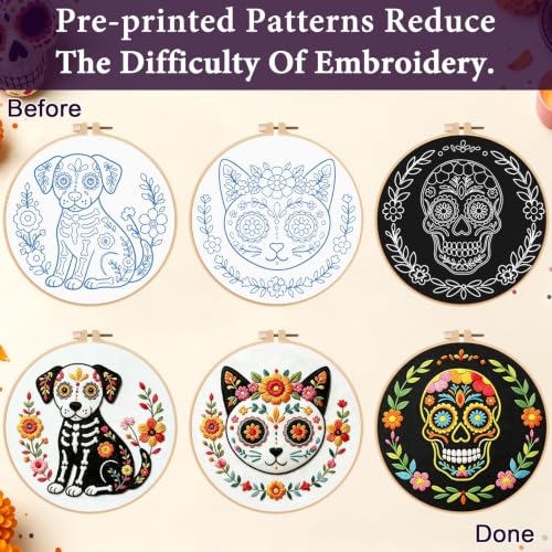 Nuberlic 3 Pack Sugar Skull Embroidery Kit for Beginners, Day of the Dead - color: Day of the Dead