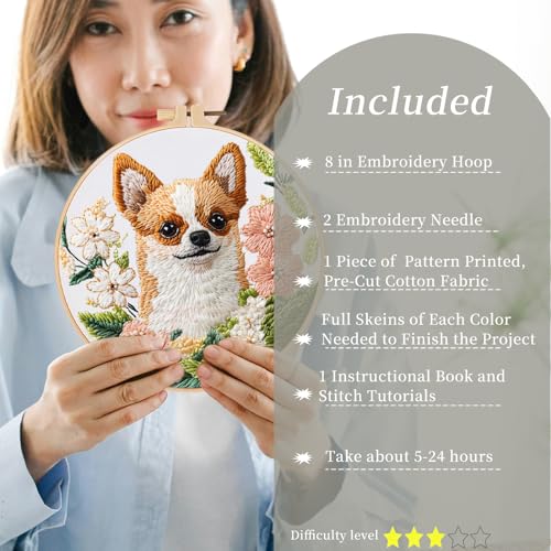 FONNUY Chihuahua Dog Floral Embroidery Kit, Cross Stitch Kits for Beginners, Handmade Crafts with Printed Patterns for Beginner Adults, Easy to Follow Color Thread Needlework, 8'' Hoop (Loyal Dog) - color: Loyal Dog
