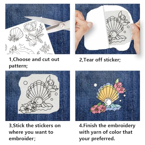 BENECREAT 4 Sheets 50pcs Ocean Theme Water Soluble Hand Sewing Stabilizers, Fish Shell Conch Whale Tear Away Embroidery Stabilizers for Embroidery, Carves, Shirts, Coats, Bags, Towels