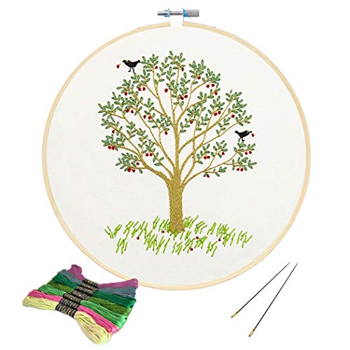 KISSBUTY Full Range of Embroidery Starter Kit with Pattern, Cross Stitch Kit Including Embroidery Fabricwith Plants Pattern, Bamboo Embroidery Hoop, Color Threads and Tools Kit (Cherry Tree)