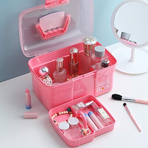 Kinsorcai 11'' Plastic Storage Box with Removable Tray, Multipurpose Organizer and Storage Case for Art Craft and Cosmetic (Pink) - color: Pink