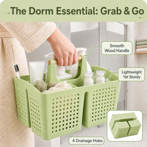 Portable Shower Caddy Basket with 3 Compartments and Handle, Grass Green - color: Grass Green