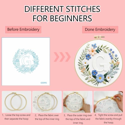 Zhenqing Letter G Embroidery Kit for Beginners, Pre-Printed 29x29cm Cotton Fabric with 20cm Hoop, Elegant Floral Monogram with Daisies Design(C0090)