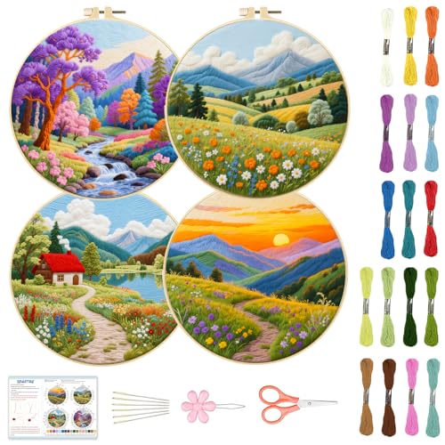BEUNITONE 4 Set Fairy Tale Landscape Embroidery Kit for Beginners 7.9"x7.9" Pre-Stamped Pattern Needlepoint Kits with Hoop, Tools & Instruction, Handamde Embroidery Kits for Fabric and Home Decor - style: C-Natural Scenery