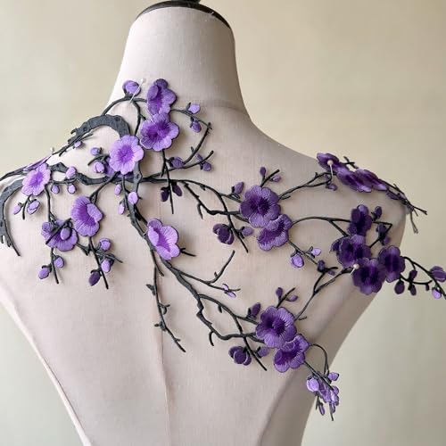 2pcs Iron on Plum Flower Applique Purple Color Embroidery Vine of Floral for Clothing,Costumes - color: Purple