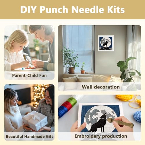 Doodlream Howling Wolf Needle Kit for Beginner, 9.4"x 9.4" Full Moon Night Punch Stitching Craft Set, Color DIY Embroidery Starter with Printed Frame, Instruction, Threader, Yarn, Pinch Needle - color: Wolf