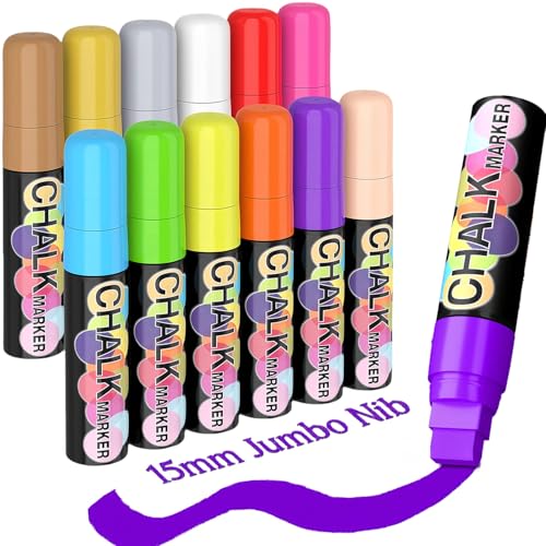 KERIFI Window Markers for Cars Washable, 15mm Jumbo Liquid Chalk Pens for Art Wedding Signs, Just Married Car Decorations, Back to School Graduation Celebration, Glass Mirror Bistro Blackboard Poster - color: 15mm - 12 Colors