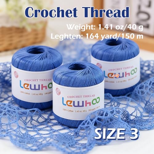 Crochet Thread, 3 Pack Size 3 Cotton Crochet Yarn Ball Set Blue - color: Blue